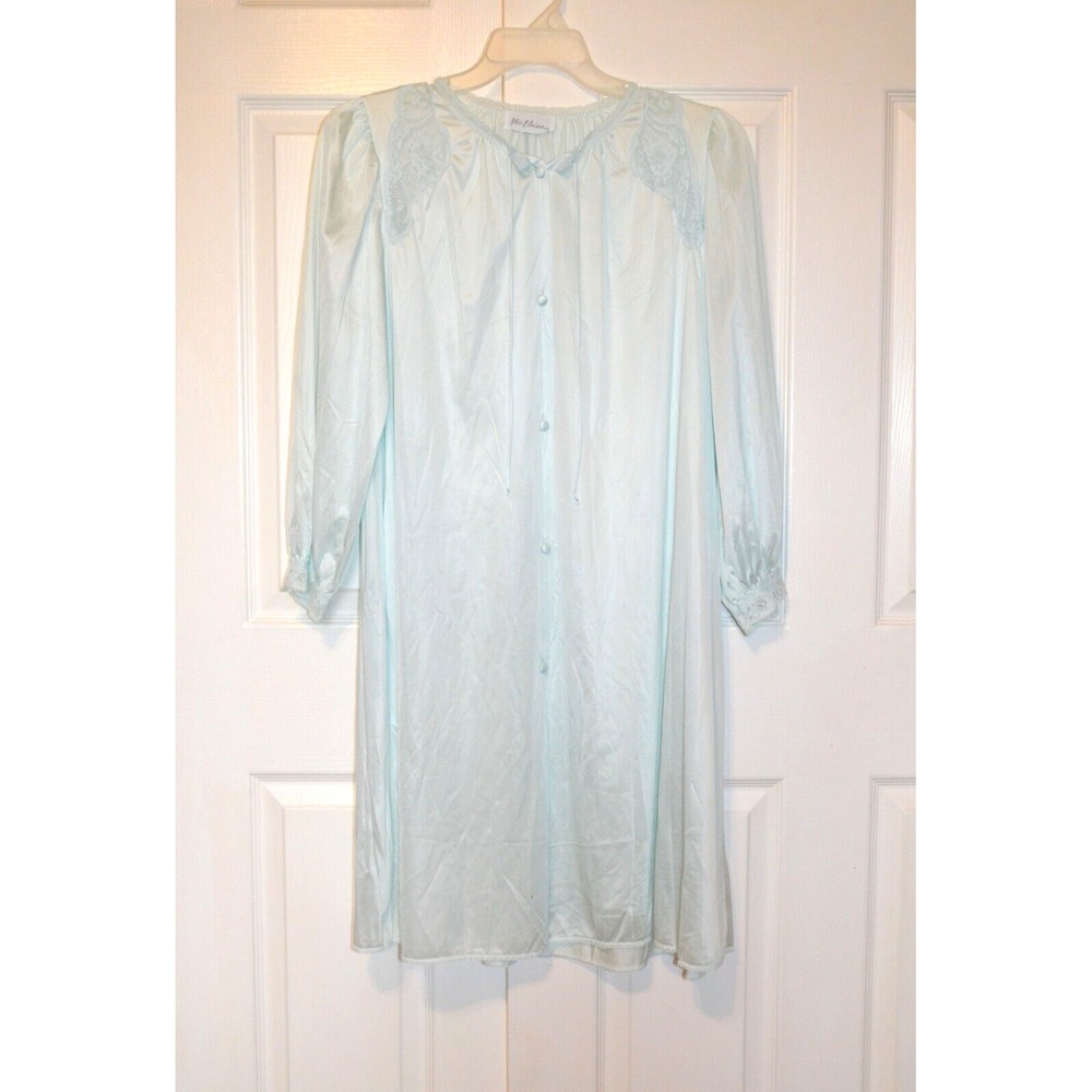 MISS ELAINE Blue Satin Nylon Lounge Robe Womens Small Long Sleeve